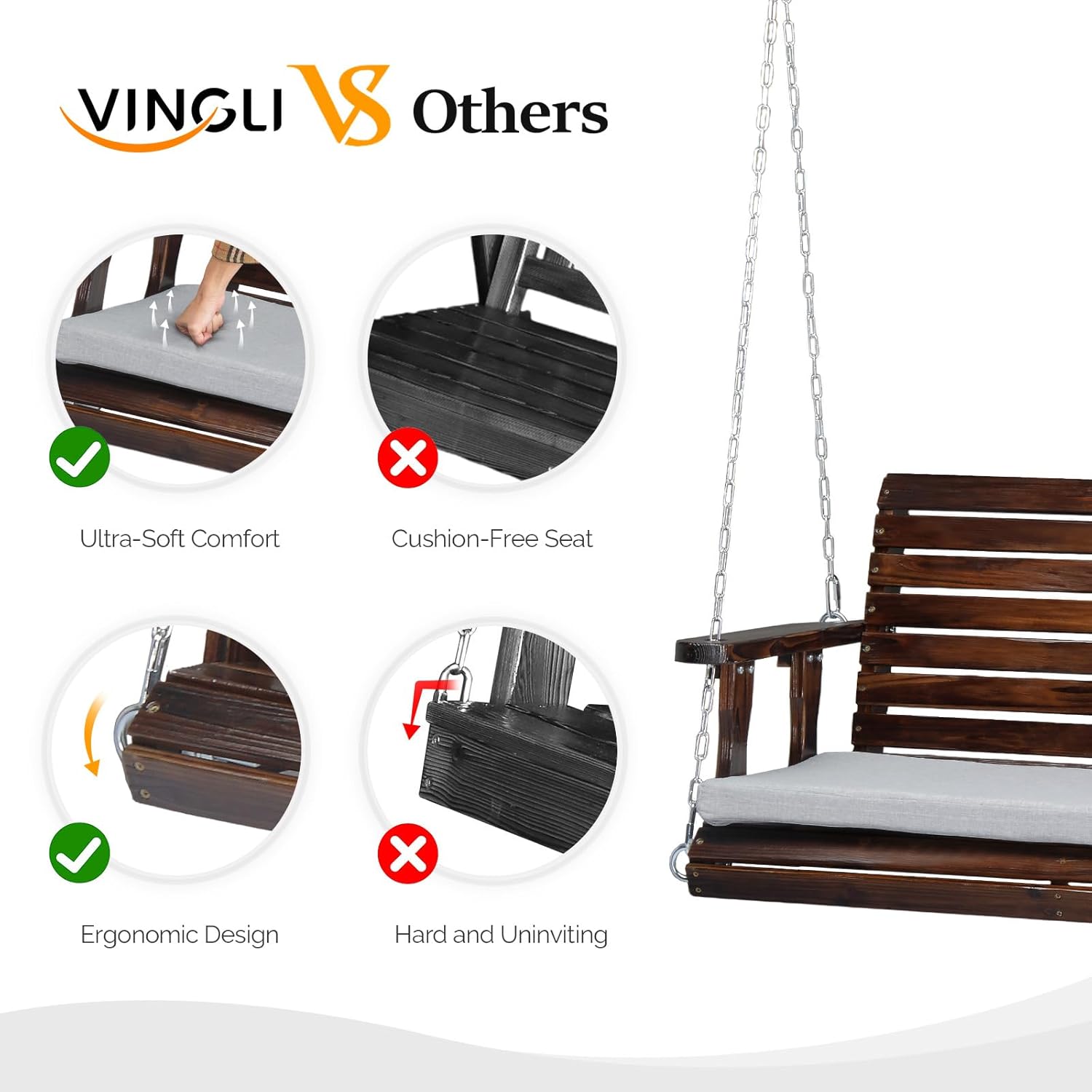 VINGLI Outdoor 4 FT Porch Swing, Heavy Duty 880 LBS Wooden Patio Swings with Cushions, Farmhouse Style Hanging Bench with Adjustable Chains for Yard | Garden | Lawn | Balcony, Rustic-VerdiqueGarden
