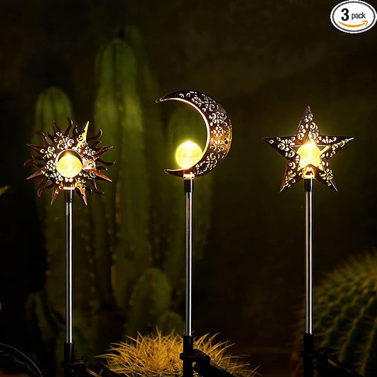 Tryme Solar Lights Outdoor Garden Decorations Sun Moon Star Stake Light Decorative Waterproof Warm White LED Yard Decor for Pathway Lawn Patio Courtyard Backyard-VerdiqueGarden