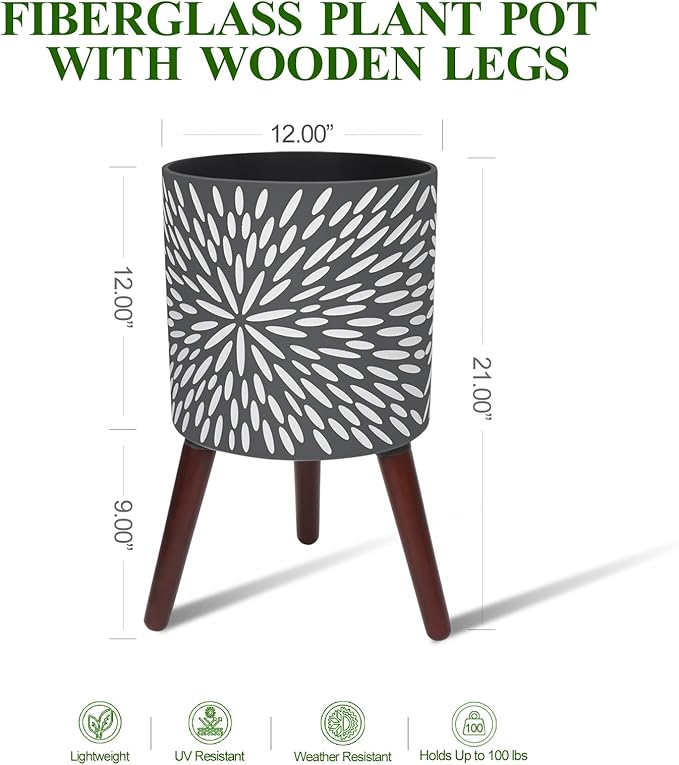 12 Inches Plant Pot with Stand, Large Modern Standing Planters for Indoor Plants with Drainage Holes, Gray Flower Pots with Legs-VerdiqueGarden