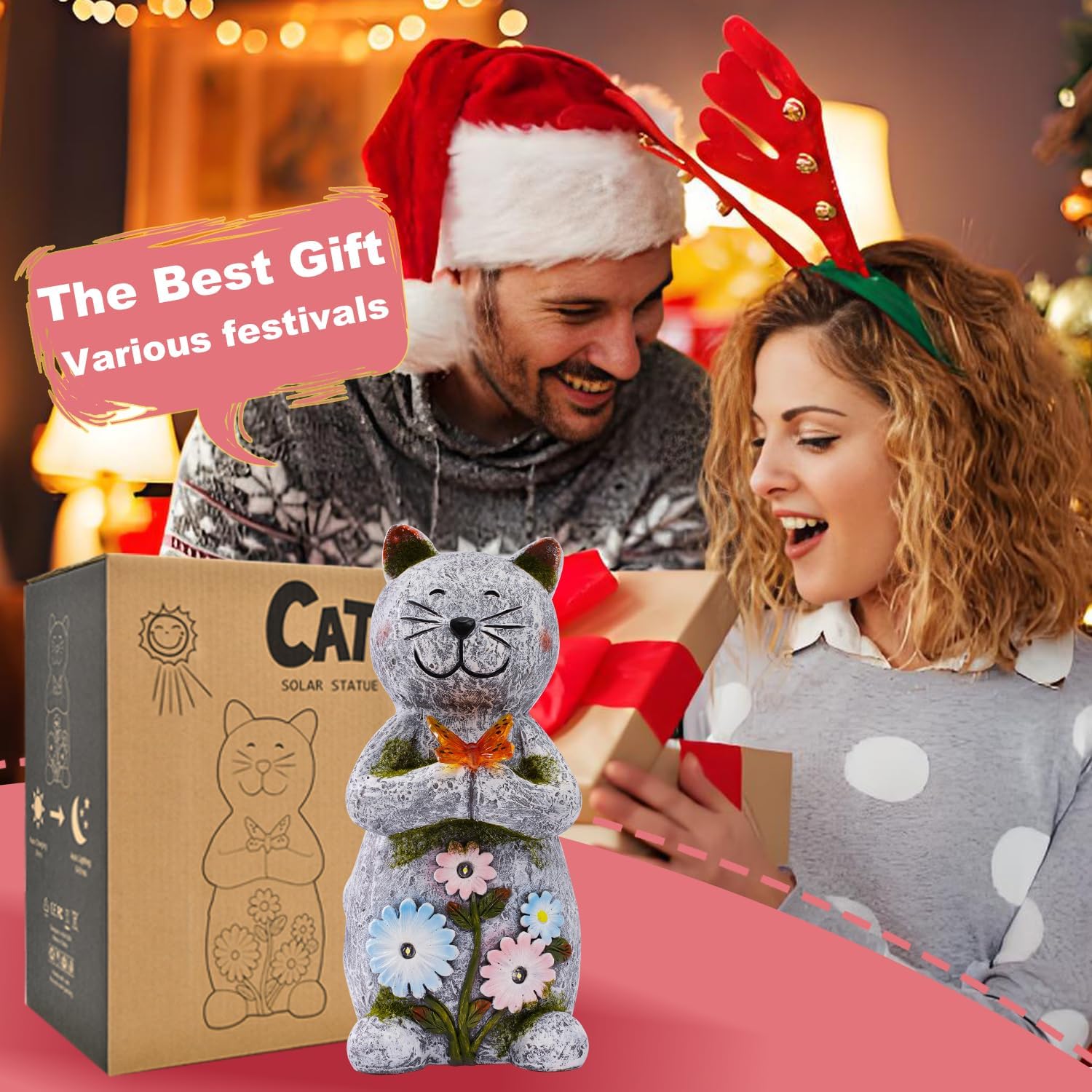 Solar Garden Statue Cat Figurine – Outdoor Decoration with Butterfly for Garden Yard Lawn Home Decor Outside : Unique Gifts for Mom Grandma-VerdiqueGarden