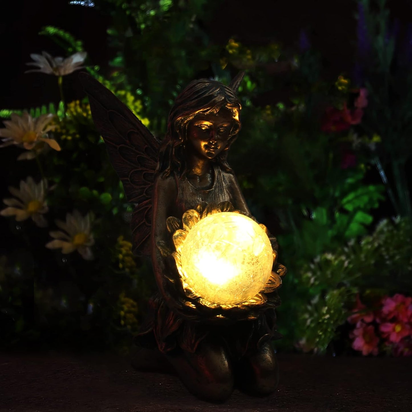Garden Statues Outdoor Flower Fairy Decor,Solar Powered Outdoor Resin Statues-Patio Lawn Yard Porch, Funny Fairies Ornaments Figurines for Outside Garden Gifts,8.31 Inches Tall-VerdiqueGarden