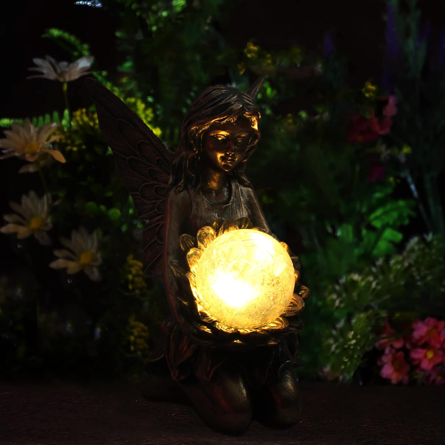 Garden Statues Outdoor Flower Fairy Decor,Solar Powered Outdoor Resin Statues-Patio Lawn Yard Porch, Funny Fairies Ornaments Figurines for Outside Garden Gifts,8.31 Inches Tall-VerdiqueGarden