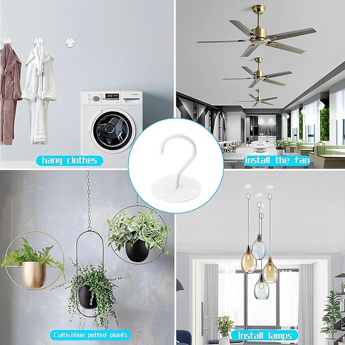 Ceiling Hooks for Hanging Plants - Metal Heavy Duty Wall Mounted Hangers for Hanging Bird Feeders, Planters, Wind Chimes, Include Professional Drywall Anchors (3-Pack (White)-VerdiqueGarden
