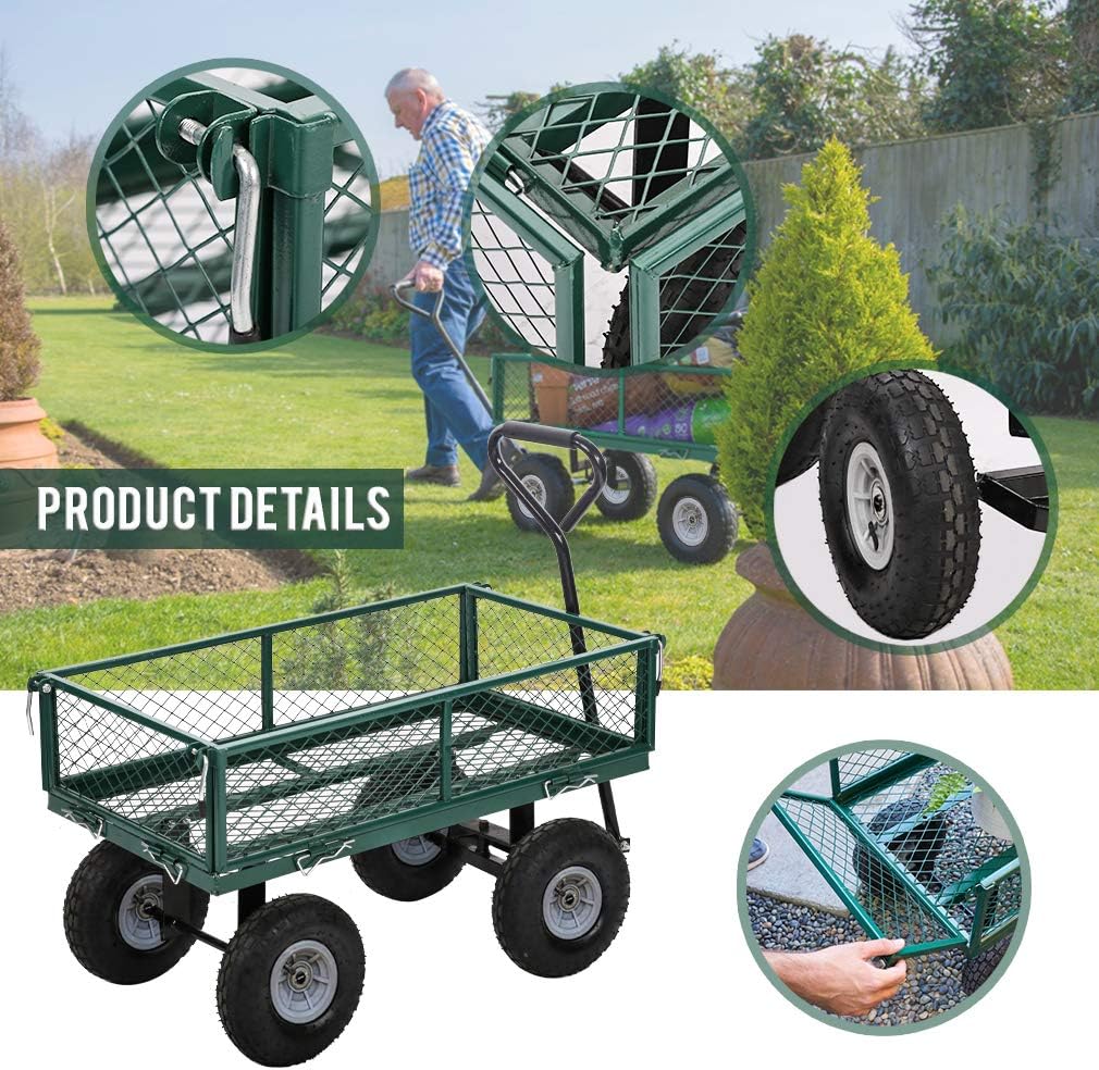 BestMassage Heavy Duty 500 Lbs Capacity Mesh Steel Garden Cart Folding Utility Wagon with Removable Sides for Beach Lawn Yard Landscape (Deep Green)-VerdiqueGarden