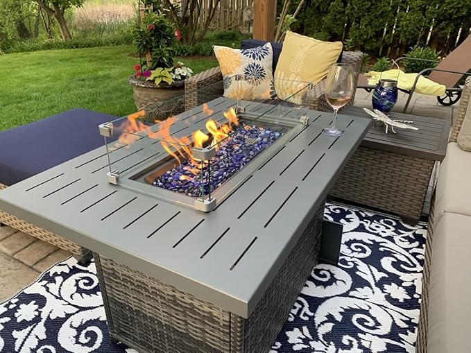 Propane Fire Pit Table,44 Inch 55000 BTU Outdoor Gas Fire Pit Rectangular with Glass Wind Guard for Outside Patio Deck (Gray-Aluminum Top)-VerdiqueGarden