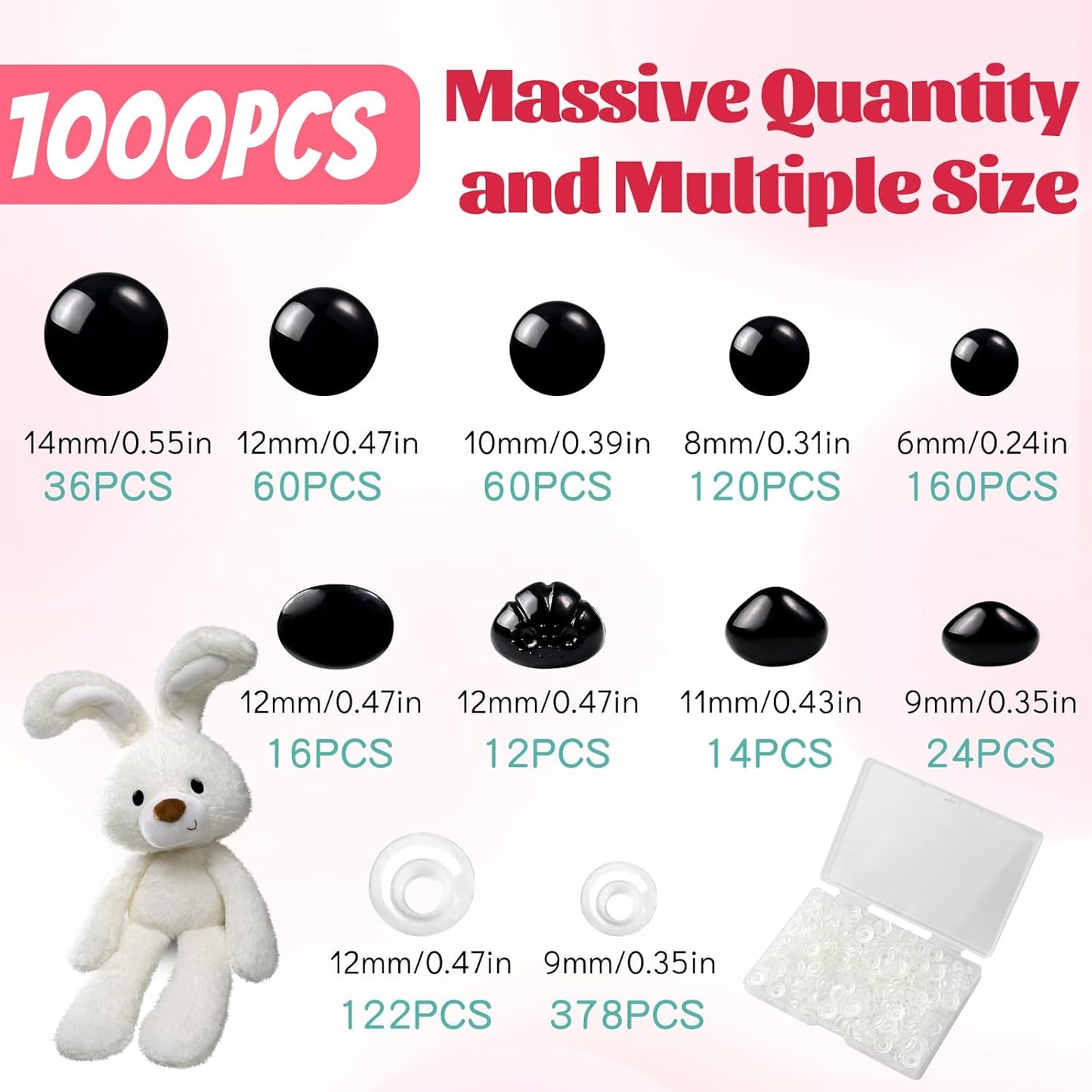 1000 Pcs 6-14mm Safety Eyes and Noses for Crochet, Black Plastic Safety Eyes with Washers, Craft Doll Eyes for Stuffed Animals, DIY Accessories, Assorted Sizes-VerdiqueGarden