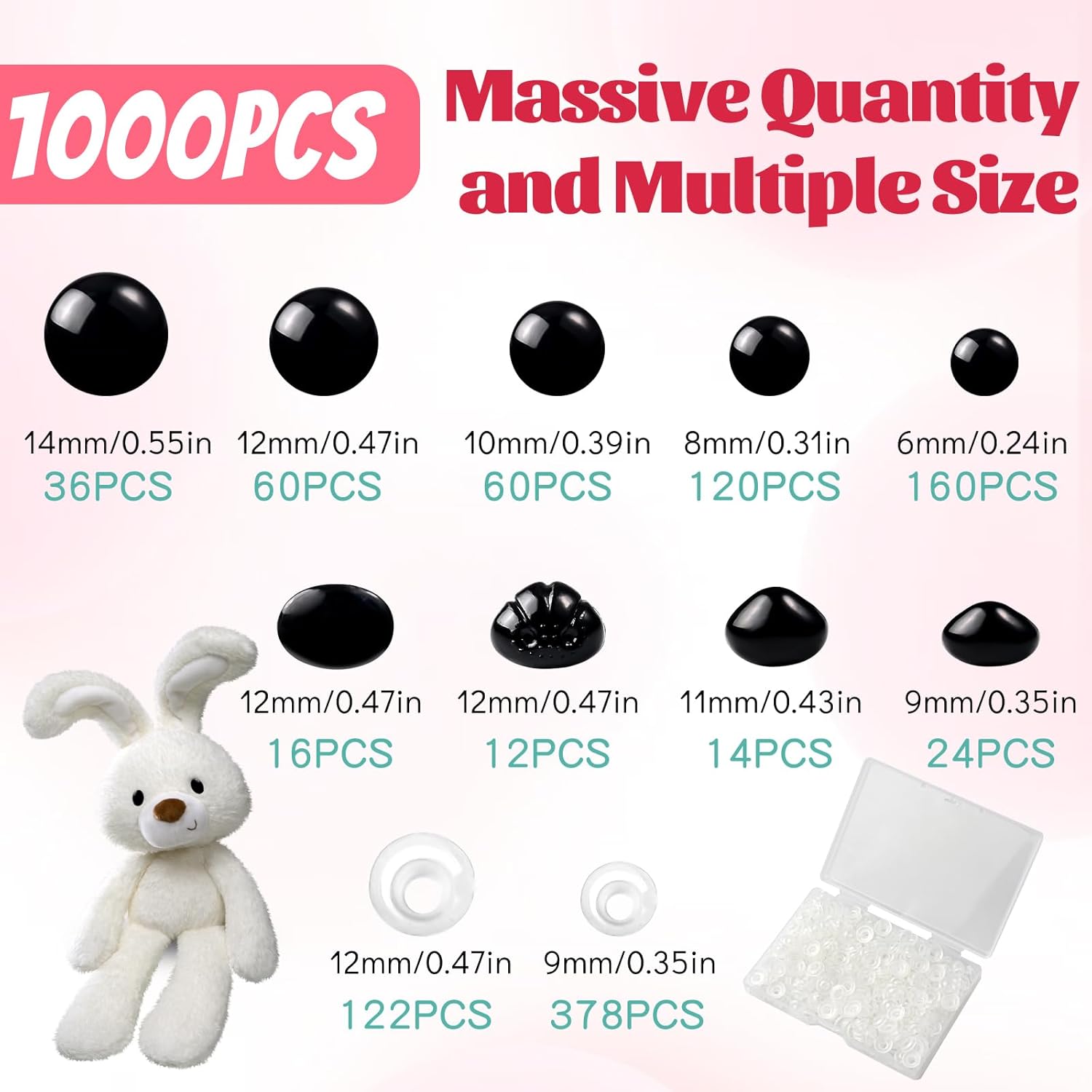 1000 Pcs 6-14mm Safety Eyes and Noses for Crochet, Black Plastic Safety Eyes with Washers, Craft Doll Eyes for Stuffed Animals, DIY Accessories, Assorted Sizes-VerdiqueGarden