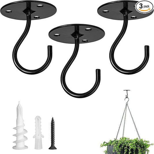 Ceiling Hooks for Hanging Plants-Heavy Duty Wall Mount Hanger Bracket for Hanging Bird Feeders, Lanterns, Wind Chimes, Planters, Outdoor Decoration (3 Pack) (Black)-VerdiqueGarden