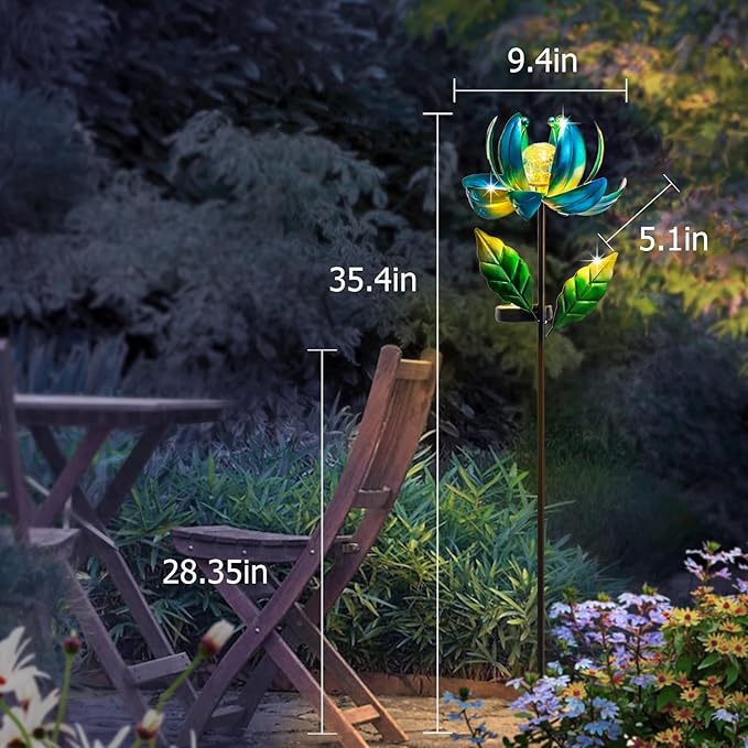 Solar Yard Lights Wind Spinners- Metal Lotus Flower Garden Decor LED Crackle Glass Globe Yard Art Sculpture Solar Stake Lights for Patio Pathway Lawn Walkway-VerdiqueGarden
