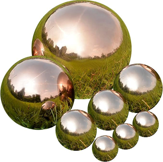 Nerien Gazing Ball, Stainless Steel Garden Mirror Globe, Polished Ornament Sphere, Hollow Floating Reflective Hemisphere, for Home Outdoor Pond Housewarming Swimming Pool Decoration, Rose Gold, 8Pcs-VerdiqueGarden