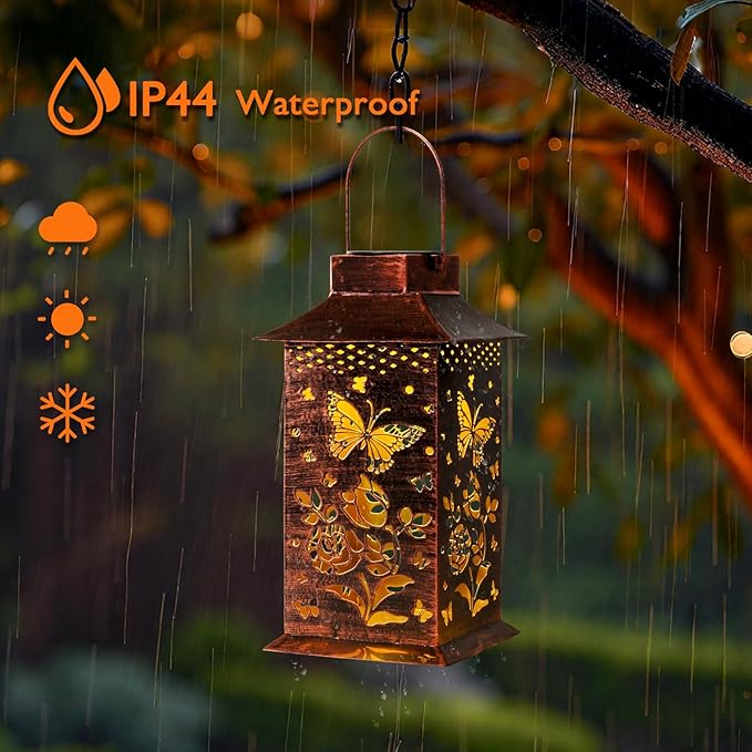Homemory Butterfly Solar Lanterns Waterproof, Metal Hanging Hollowed-Out Metal Decor Lantern, LED Outdoor Decoration for Outside LED Lanternse for Yard, Backyard, Porch, Lawn-VerdiqueGarden