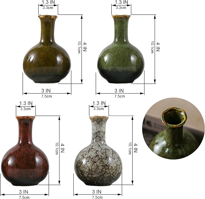 JOJUNO Glazed Rustic Bud Vase Set of 4 - Small Ceramic Mini Pottery Vases in White, Yellow, Green, Red - Ideal for Fresh & Dried Flowers - Modern Farmhouse Décor for Living Room, Shelves, Dining Table-VerdiqueGarden