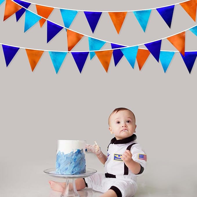 Orange Blue Party Decorations Metallic Fabric Triangle Pennant Flag Bunting Banner Garland for Birthday Baby Shower Graduation Bridal Shower Wedding Bachelorette Engagement Space Theme Party Supplies-VerdiqueGarden