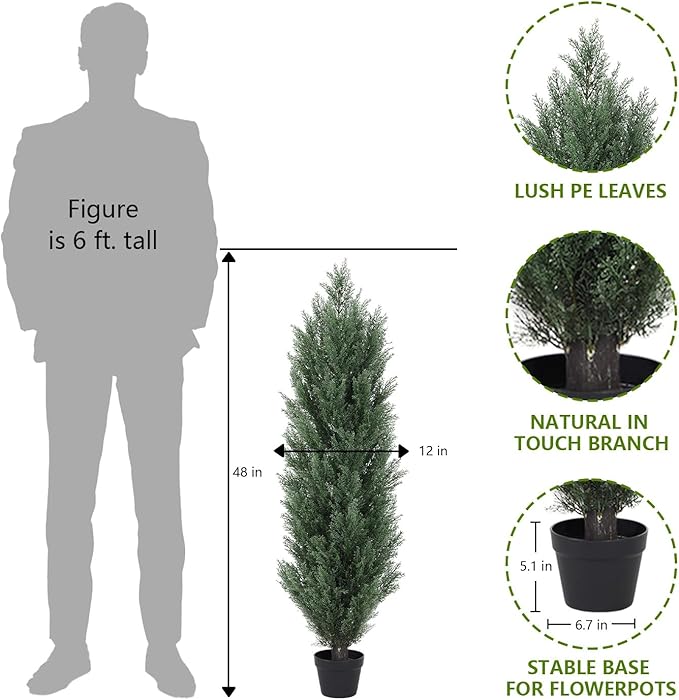 THE BLOOM TIMES 4ft Topiary Trees Artificial Outdoor 2 Pack – UV Resistant Faux Cedar Pine Cypress Bushes and Shrubs, Fake Potted Plants for Front Porch Outside Planter Patio Decor, Set of 2 (4 Foot)-VerdiqueGarden