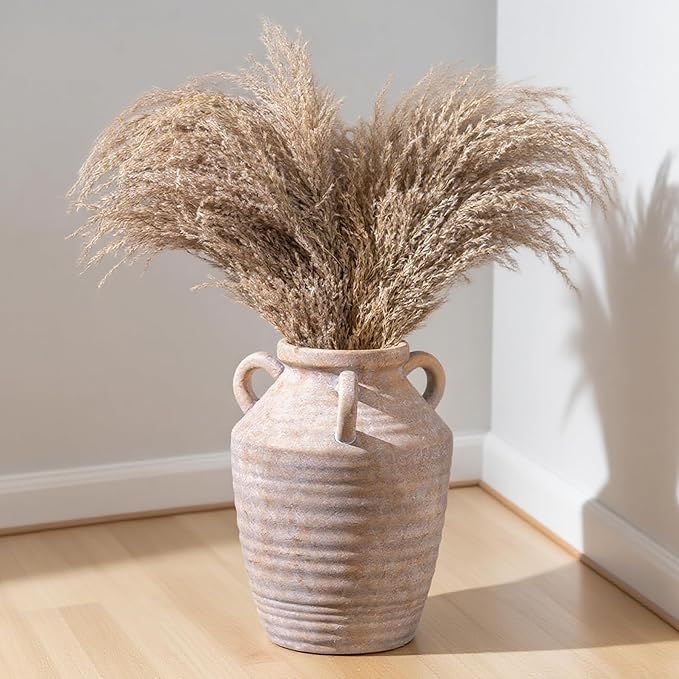 Vintage Terracotta Ceramic Vase with Handles, Rustic Beige Pottery Tulip Vase for Cottage Core Home Mantle Decor, Farmhouse Table Centerpieces, Large Bulk Flower Vases Jarrones Decorativos para Sala-VerdiqueGarden