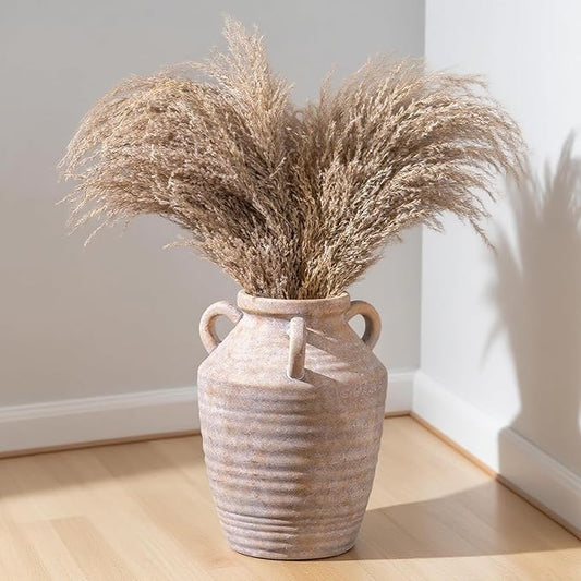 Vintage Terracotta Ceramic Vase with Handles, Rustic Beige Pottery Tulip Vase for Cottage Core Home Mantle Decor, Farmhouse Table Centerpieces, Large Bulk Flower Vases Jarrones Decorativos para Sala-VerdiqueGarden