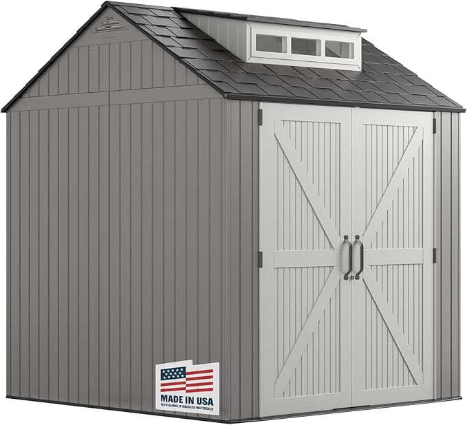 Rubbermaid Resin Outdoor Storage Shed With Floor (7 x 7 Ft) Weather Resistant Gray Organization for Home/Backyard/Garden Tools/Lawn Mower/Bike Storage/Pool Supplies-VerdiqueGarden
