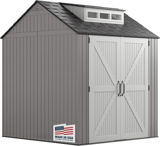 Rubbermaid Resin Outdoor Storage Shed With Floor (7 x 7 Ft) Weather Resistant Gray Organization for Home/Backyard/Garden Tools/Lawn Mower/Bike Storage/Pool Supplies-VerdiqueGarden