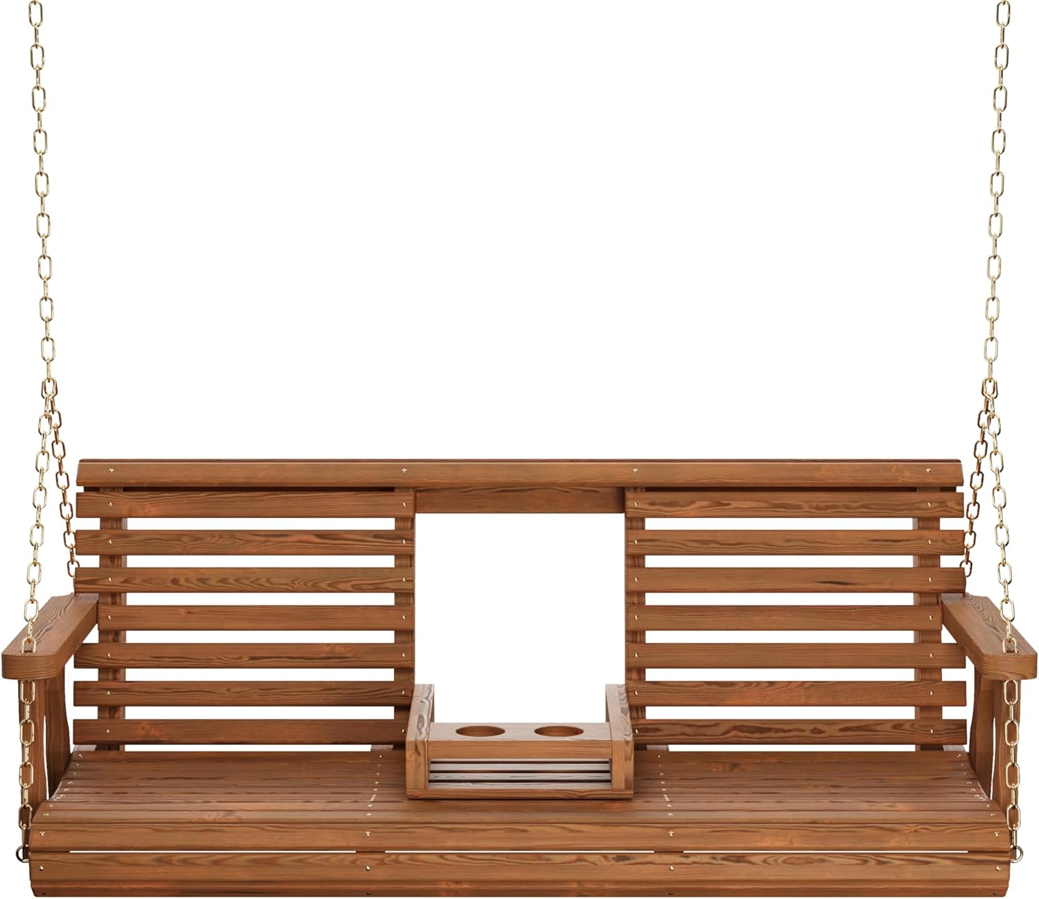 Porchgate Amish Heavy Duty Console Porch Swing with Fold Down Cup Holders in Oak Stain - Amish Made in The USA from Treated Pine, Hanging Chains Included-VerdiqueGarden