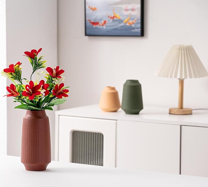 Ceramic Vase Set of 3, Modern Multicolor Pattern Flower Vases for Home Decor, Office, Centerpieces, Boho Farmhouse Style (Red/Green/Orange)-VerdiqueGarden