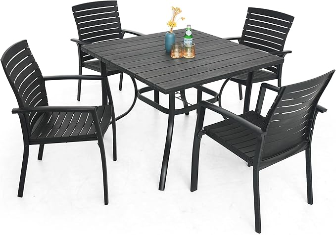Outdoor Dining Table with 1.6" Umbrella Hole, Picnic Table Plastic Square Backyard Bistro Table Outdoor Dining Table for Garden, Poolside, Backyard, Black, 37x37inch-VerdiqueGarden