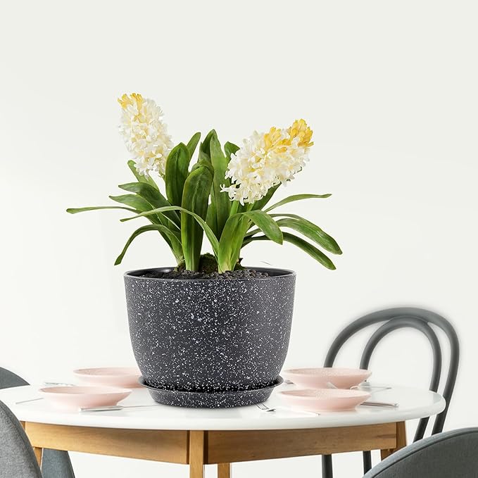 12 inch Big Plant Pots, Plastic Planters with Drainage Holes and Trays, Large Flower Pots for Indoor Outdoor Plants, Modern Decorative Pots for Garden House Plants, Speckled Black-VerdiqueGarden