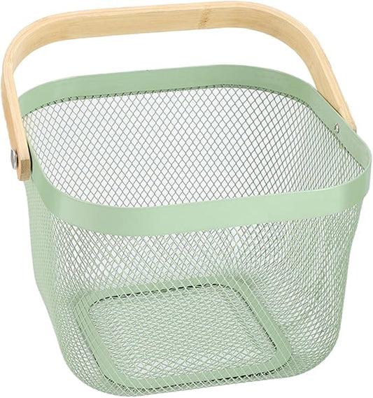 Metal Mesh Steel Basket, Storage Organizer Basket Multi-functional Hanging Kitchen Basket Fruit Basket Bin with Bamboo Handle, 9.84 x 10.2 x 7 inch, Mint Green-VerdiqueGarden