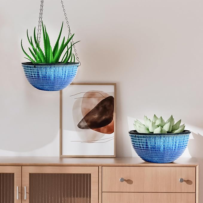 10in Hanging Planters for Indoor and Outdoor Plants, 2 Pack Hanging Planter with Drainage Hole, Round Hanging Flower Pots for Garden Home Decor (Blue Glaze)-VerdiqueGarden