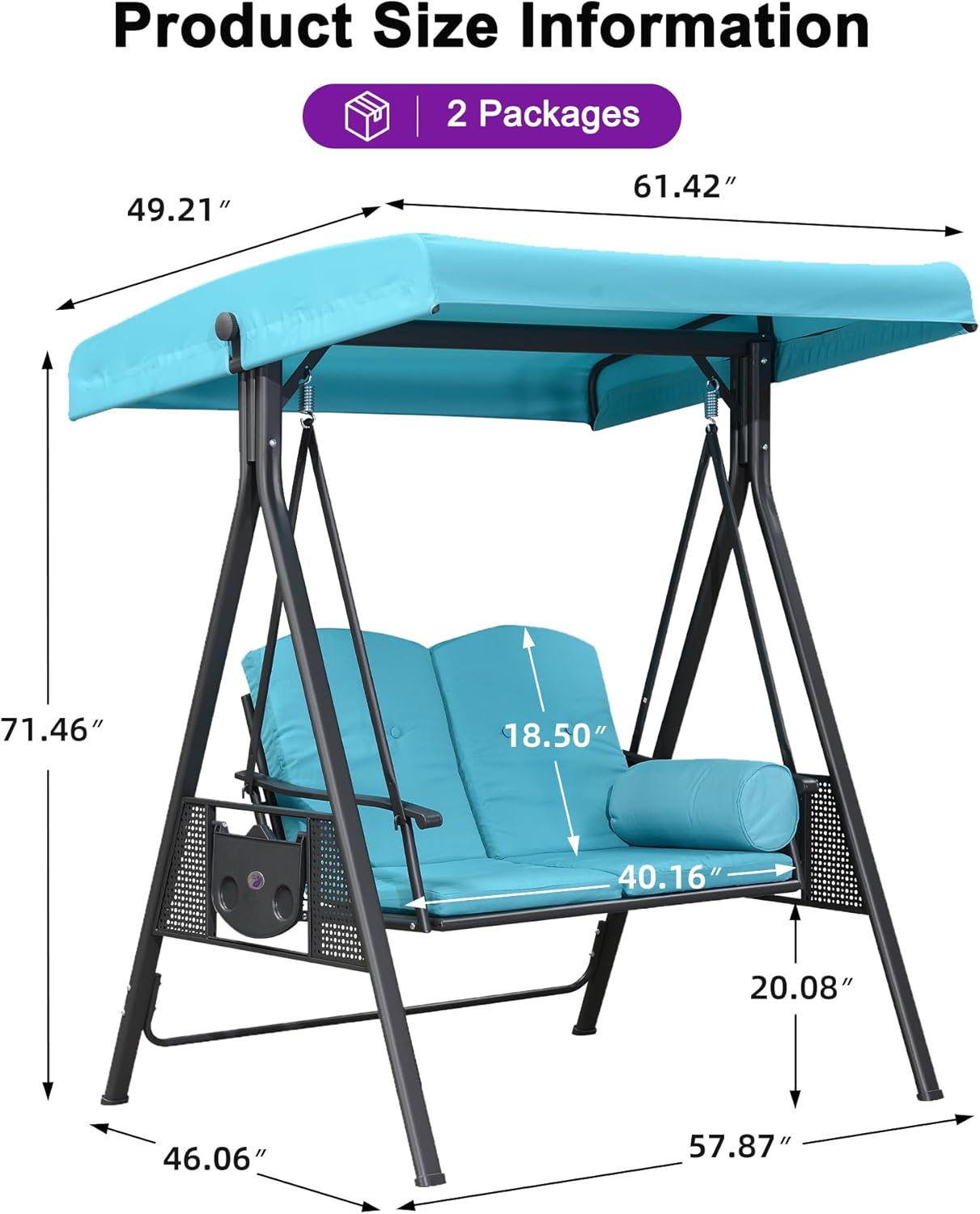 PURPLE LEAF Outdoor Patio Porch Swing with Stand, 2-seat Swing Chair with Adjustable Tilt Canopy All-Weather Steel Frame for Backyard Front Porch Lawn, Cushions and Pillow Included, Turquoise Blue-VerdiqueGarden