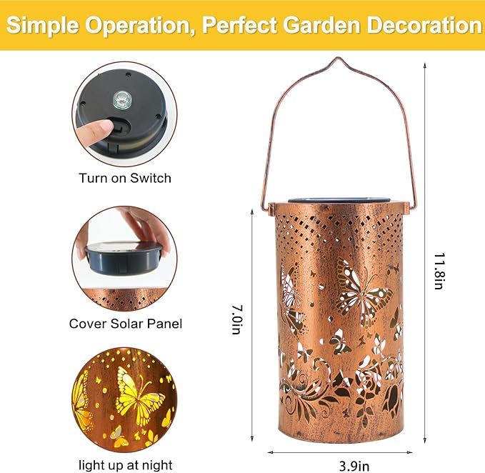 2 Pack Butterfly Solar Lanterns Outdoor Hanging Lantern Lights, Butterfly Hollowed-Out Metal Decor Lantern, Waterproof LED Decorative Garden Light - Delicate Garden Decoration-VerdiqueGarden