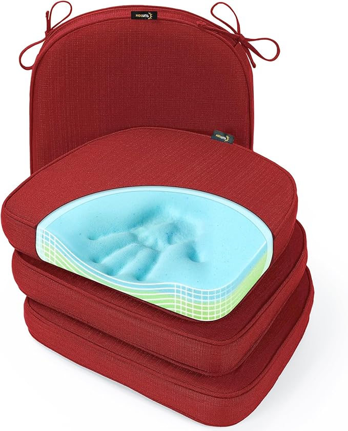 SUNROX Gel Memory Foam Chair Cushions, FadeShield Water-, Stain-Resistant Durable Reversible Seat Cushion Pads with Ties for Indoor/Outdoor Kitchen Dining Office, 19"x19", Set of 4, Burgundy-VerdiqueGarden