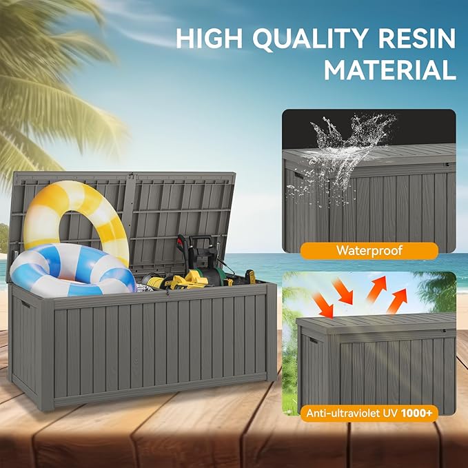 NUNU LAB 180 Gallon Outdoor Storage Box,Large Resin Sturdy Deck Box, Backyard Outside Storage Box Waterproof with Double Wall Panels,Package Delivery Garden Hose Storage Bin Outdoor Tool,Grey-VerdiqueGarden