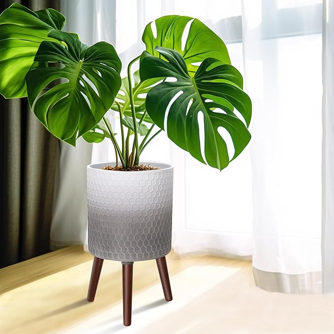 12 Inches Indoor Plant Pot with Walnut Color Stand Honeycomb Embossed Flower Pot with Drainage Holes Large Modern Planters for Indoor Plants-Gradient White Gray-VerdiqueGarden