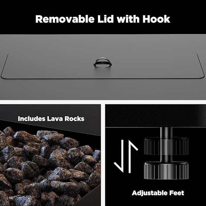 Ciays 43-Inch Rectangular Propane Fire Pit with 60,000 BTU Output, Gas with Cover and Rocks, Table CSA-Certified 2 in 1Table Gatherings Parties with 304 Stainless Steel H-Burner-VerdiqueGarden