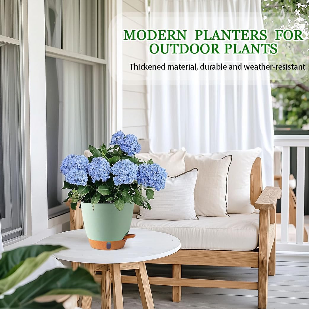 2 Pack 8 Inch Pots for Plants Indoor, Plastic Self Watering Planters with Drainage Holes, Water Level Indicator & Deep Reservoir, Decorative Flower Pots Indoor Outdoor Use (Green-VerdiqueGarden