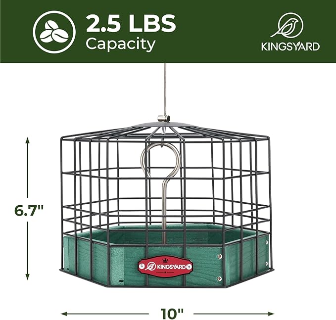 Kingsyard Squirrel Proof Platform Bird Feeders for Outdoor Hanging, Caged Bird Feeder for Small Wildbirds, Recycled Plastic Feeding Platform with Metal Seed Tray, Green-VerdiqueGarden