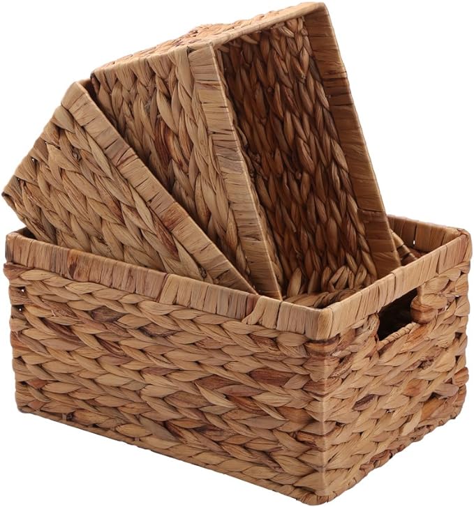 Storage Baskets,Woven Natural Water hyacinth Box with Handle,Kingwillow.(Set of 3)-VerdiqueGarden