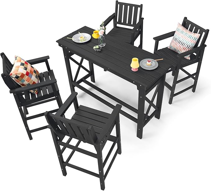 5-Piece HDPE Patio Bar Set, Rectangular Bar Height Table and 4 Adirondack Bar Chairs, All Weather Outdoor Bar Stools Set, Outdoor Bar Table and Chairs Set for Balcony, Pool, Porch, Obsidian-VerdiqueGarden