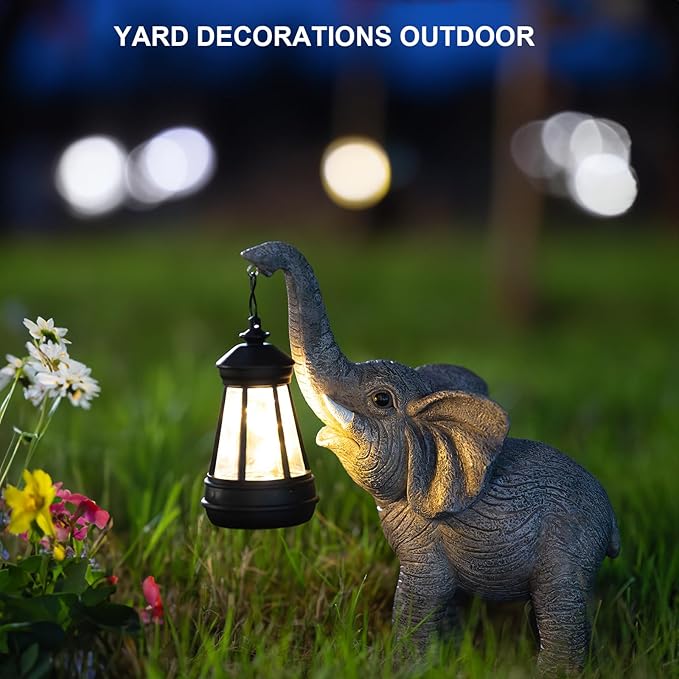 Solar Garden Statue Lights Elephants Figurine with Solar Lantern, Outdoor Yard Decorations for Patio Porch Home, Christmas Elephant Gifts for Women - Unique Housewarming Gifts-VerdiqueGarden