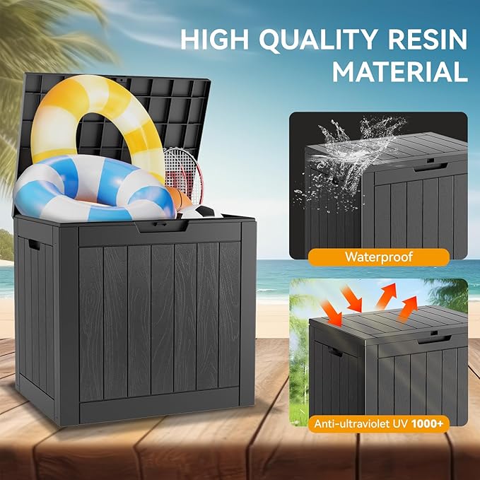 Outdoor Storage Box, 32 Gallon Deck Box Indoor Outdoor Storage Bin,Waterproof Resin Patio Storage Box for Garden Tools,Package Delivery,Pool Accessories,Sports Equipment,Patio Furniture,Lockable-VerdiqueGarden