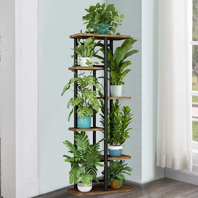 LINZINAR Plant Stand 6 Tier 7 Plant Multiple Flower Rack Holder Shelves Rack Storage Organizer Display Indoor Planter for Balcony Bedroom Patio Garden Living Room, Black-VerdiqueGarden
