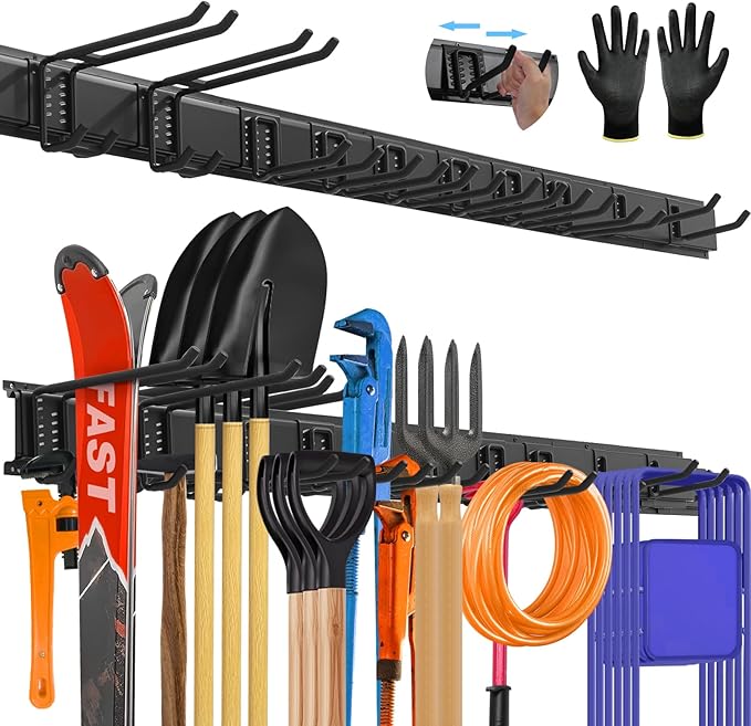 64'' All-Metal Garage Tool Organizer Wall Mount – Heavy-Duty Tool Rack Holds 680 lbs, Adjustable Hooks for Garage, Yard, and Garden Equipment-VerdiqueGarden