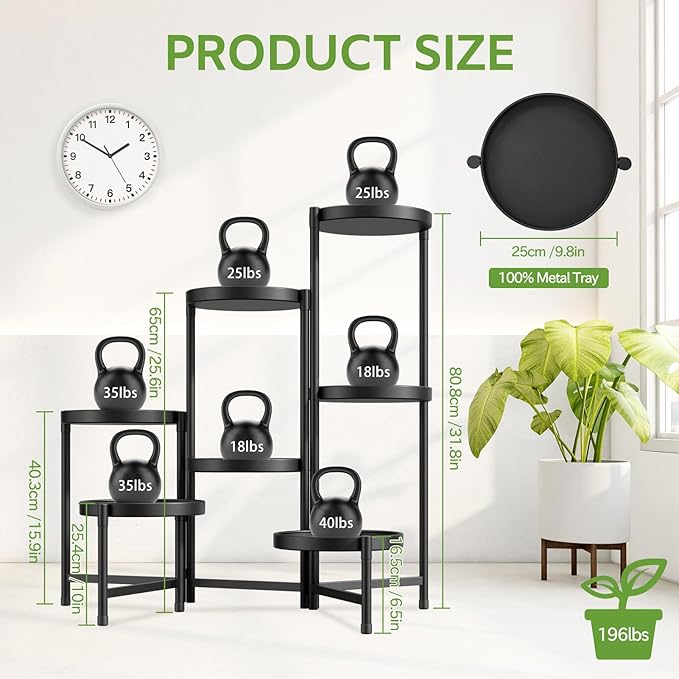 iDavosic.ly 7 Tier Large Plant Stand Indoor with 10 Inch Wide Tray, Tiered Corner Metal Outdoor Flower Display Holder Shelf, Folding Tall Rack for Patio Porch Living Room, Modern Black-VerdiqueGarden