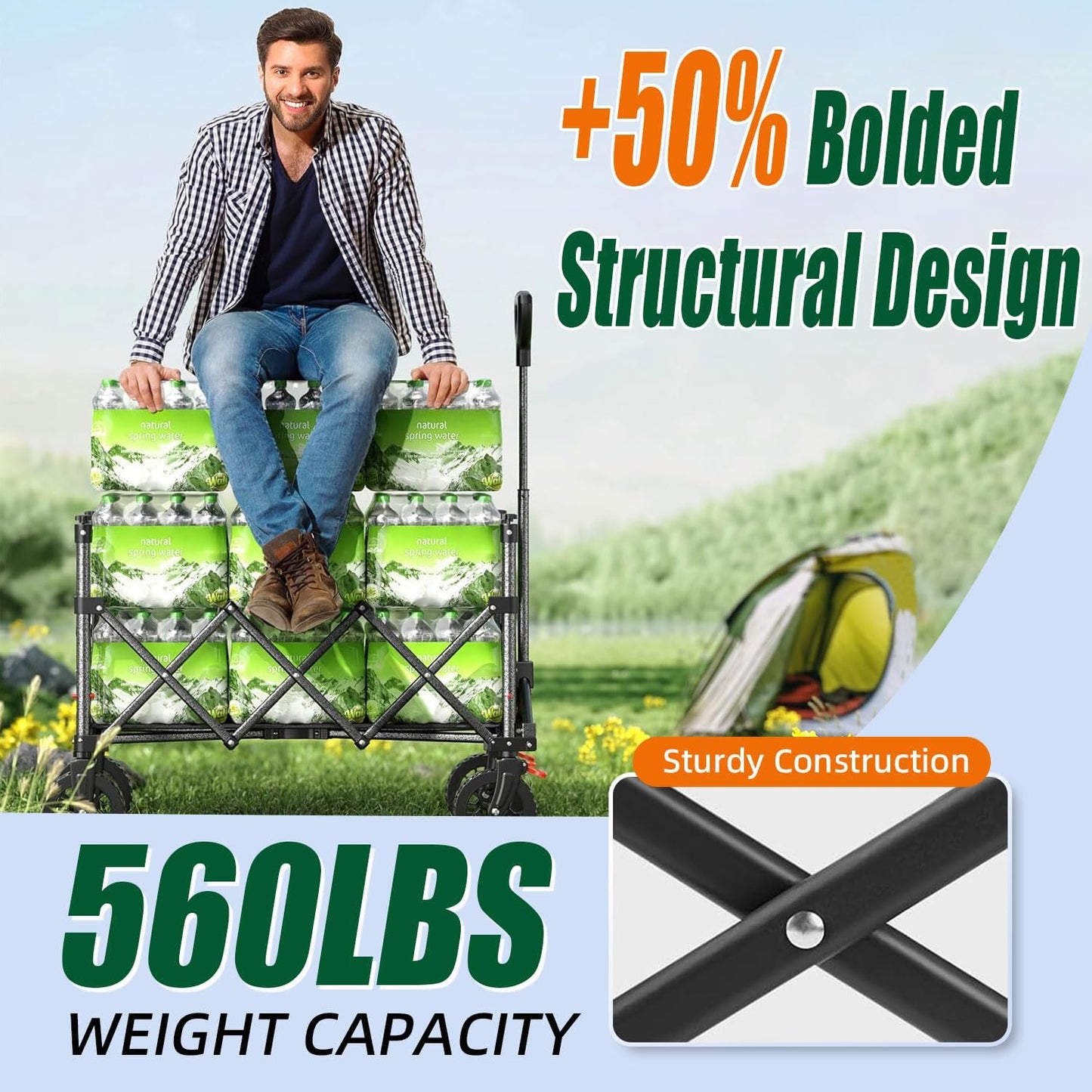 52" L Collapsible Wagon Cart Foldable, 300L 560lbs Weight Capacity, Heavy Duty Beach Wagon with Big Wheels, Shopping Carts for Grocery, Camping, Shopping, Beach, Garden Cart-VerdiqueGarden