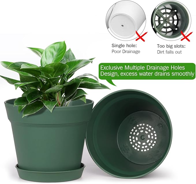 Homenote Plant Pots,15 Pack 6 inch Flower Pots with Multiple Drainage Holes and Saucers,Plastic Planters for All Home Garden Flowers Succulents(Green)-VerdiqueGarden