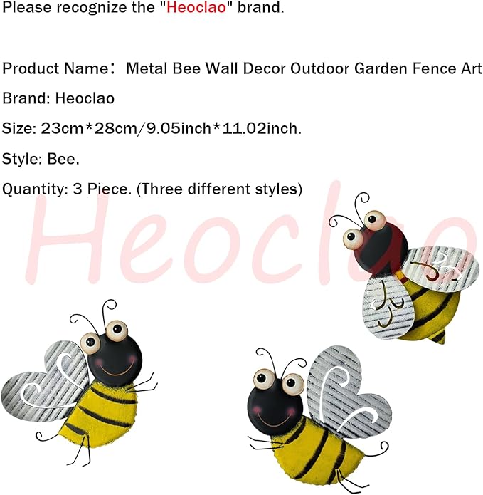 3 Pcs Metal Bee Wall Decor, Cute Bumble Bee Sculpture, Funny Animal Wall Decor - Yellow Bodies, Black Stripes, Large Eyes for Home Office Decor (Bee)-VerdiqueGarden