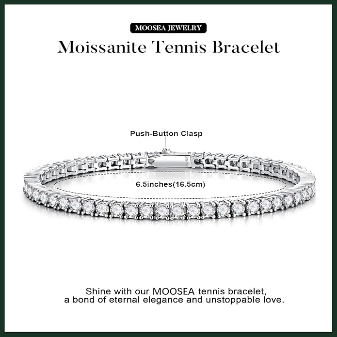 MOOSEA Moissanite Bracelets for Women, 925 Sterling Silver Anniversary Birthday Gifts for Women Wife Her Silver Tennis Bracelet Valentines Day Gifts for Her