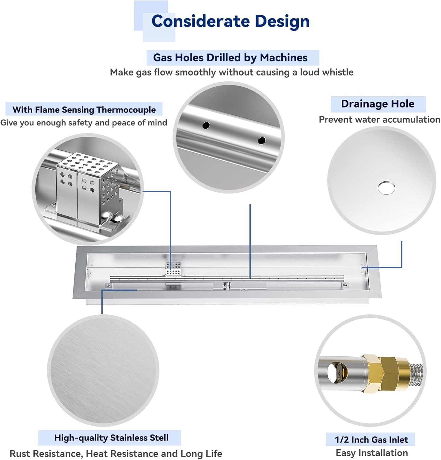 Skyflame 30" Linear Stainless Steel Fire Pit Drop-in Burner Kit with Flame Sensing, Electronic Spark Ignition, CSA Certified, and Propane Regulator Hose Set-VerdiqueGarden