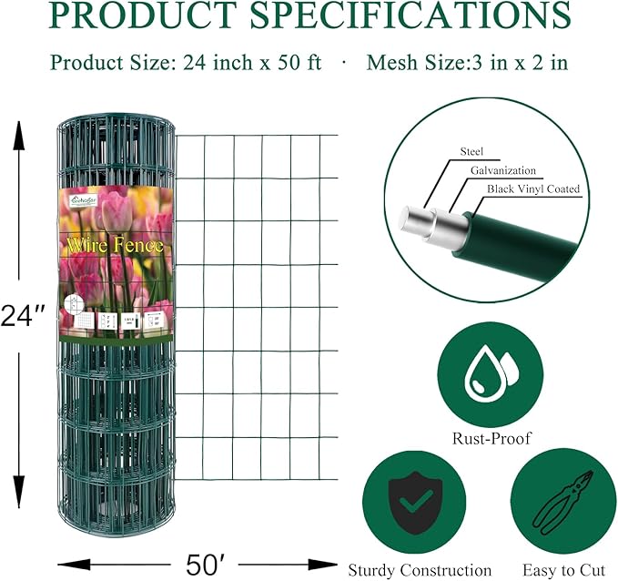 Green PVC Coated Welded Wire Fence 24 Inch x 50 Foot, 2 Inch x 3 Inch 16GA, Garden Border Fencing Roll Vinyl Coating Metal Wire Mesh for Yard Vegetable Plant Protection Poultry Netting-VerdiqueGarden