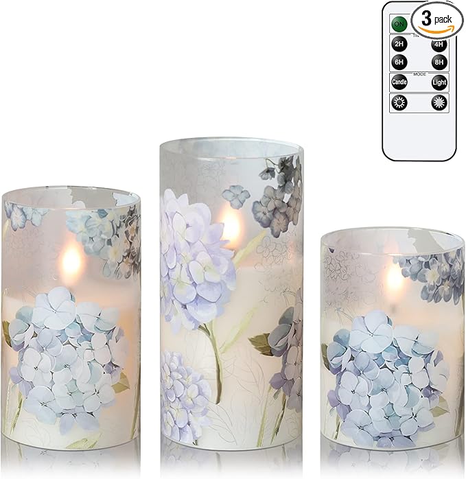 Hydrangea Flameless Candles Flickering, Spring LED Battery Operated Candles with Remote Timer, Glass and Real Wax Pillar Candles for Garden Home Decor(Set of 3, D3 xH4 5" 6")-VerdiqueGarden